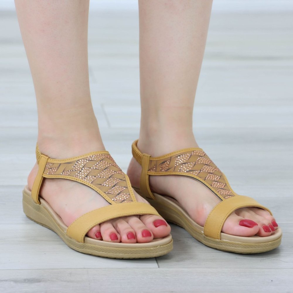 Tan T-Strap Gladiator Comfort Sandal Slip On Sliders - Picture 7 of 13